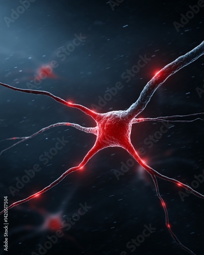 Obraz na płótnie Close-Up of a Neuron with Red Glowing Synapses on a Dark Background w salonie