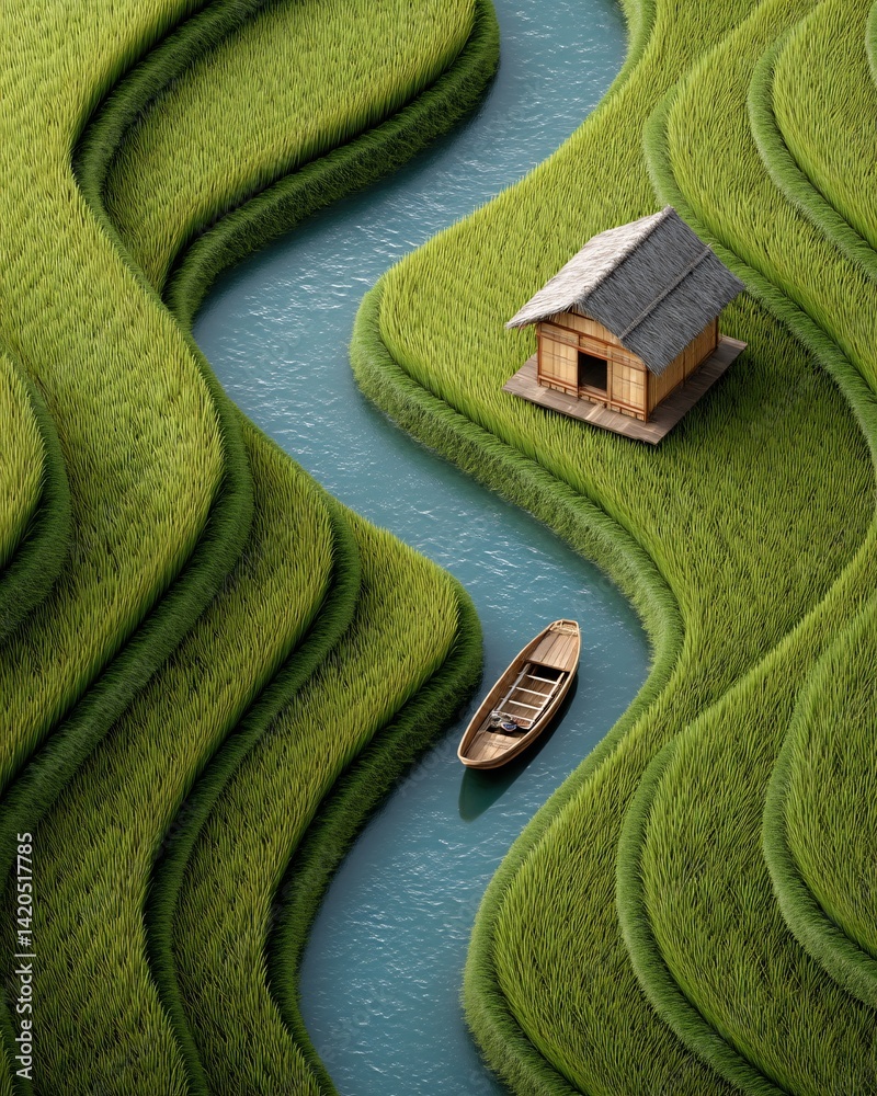 Serene rural landscape with traditional house and boat on winding river