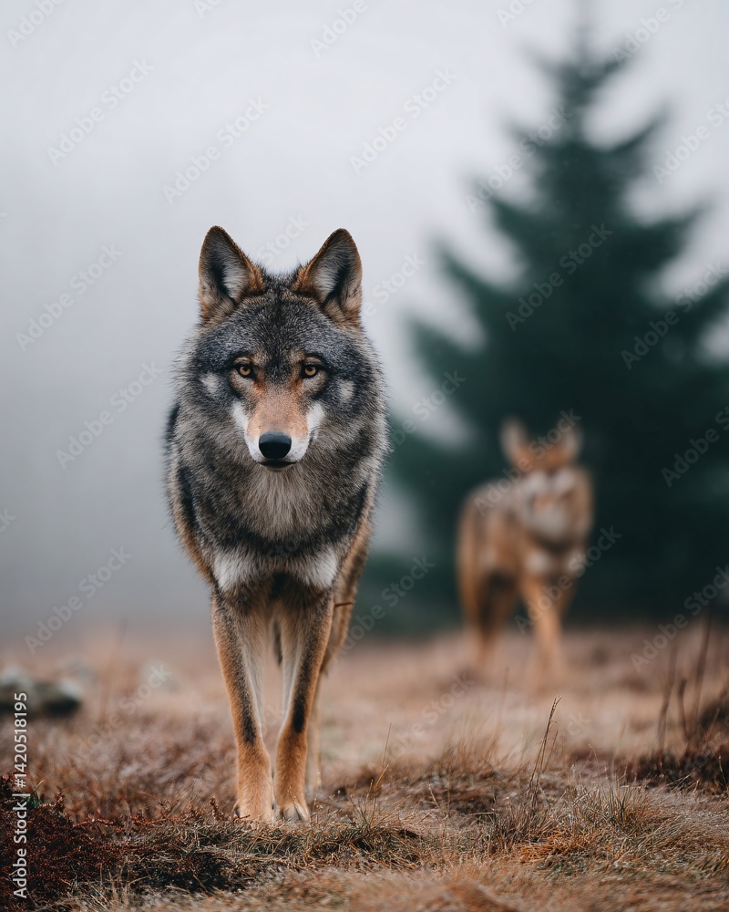 Wild wolves in a misty forest