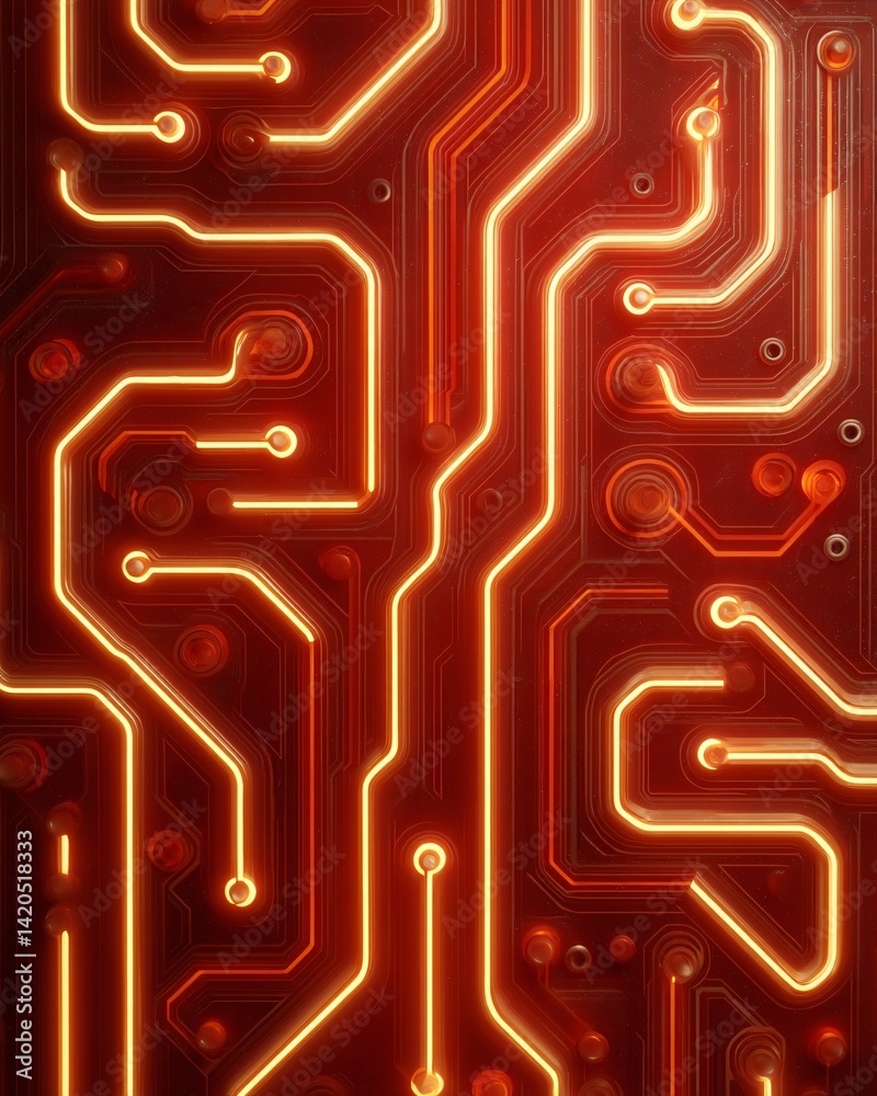 Abstract glowing circuit board pattern in red and orange