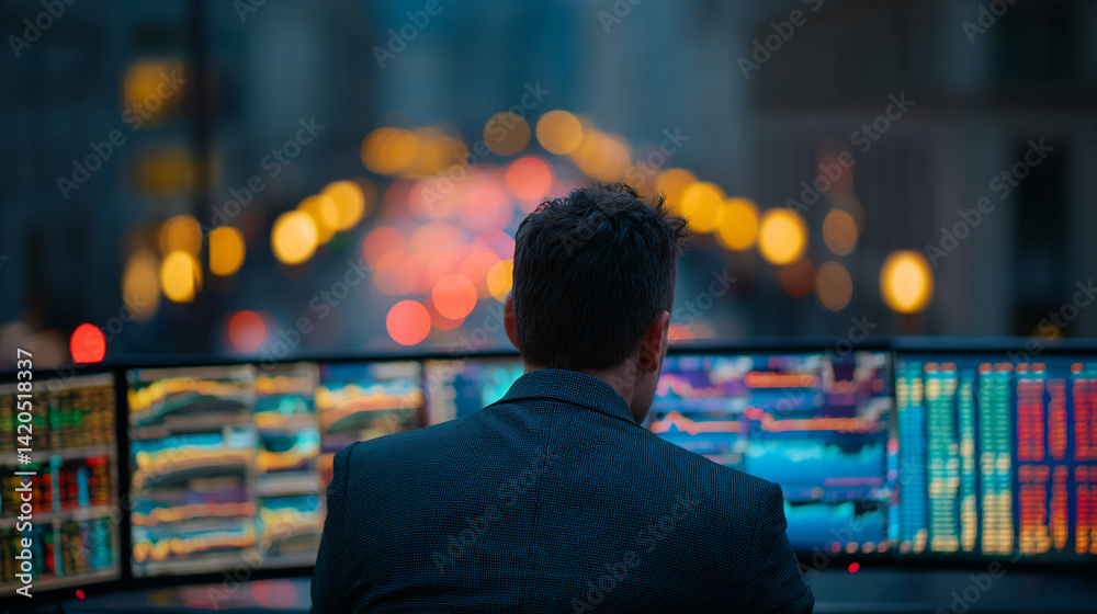 Rear view of man in suit, observing multiple screens displaying financial data, set against a blurred city night backdrop, showcasing data analysis and finance Rear view of man in suit, observing multiple screens displaying financial data, set against a blurred city night backdrop, showcasing data analysis and finance