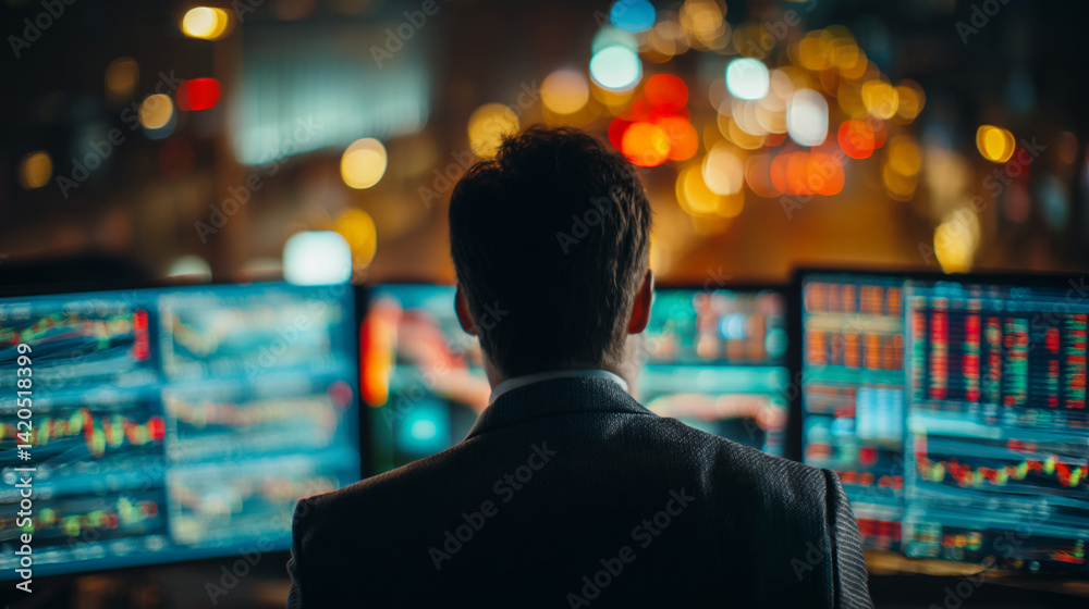 Back view of businessman at night, looking at multiple screens displaying stock market data, city lights blurred in background, showcasing late-night work and financial analysis Back view of businessman at night, looking at multiple screens displaying stock market data, city lights blurred in background, showcasing late-night work and financial analysis