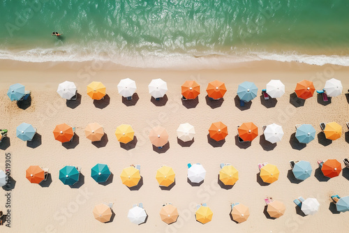 Seaside Spectacle: A vivid overhead perspective of vibrant beach umbrellas lining a golden sandy shore, harmonizing with the turquoise ocean, showcasing the perfect scene for summer escapism.