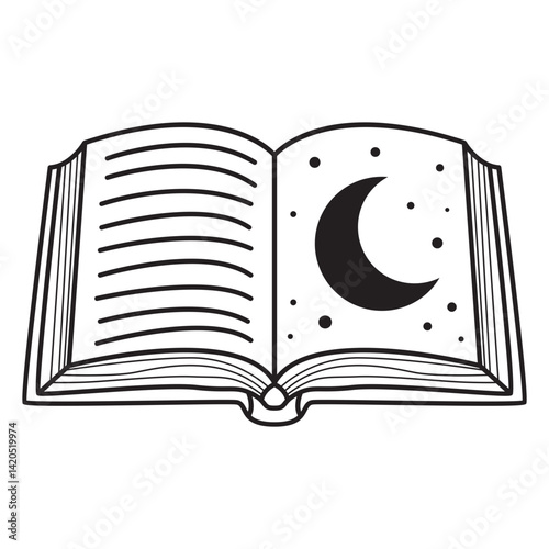 An open book with moon and stars illustration, symbolizing dreams, magic, and the cosmos.