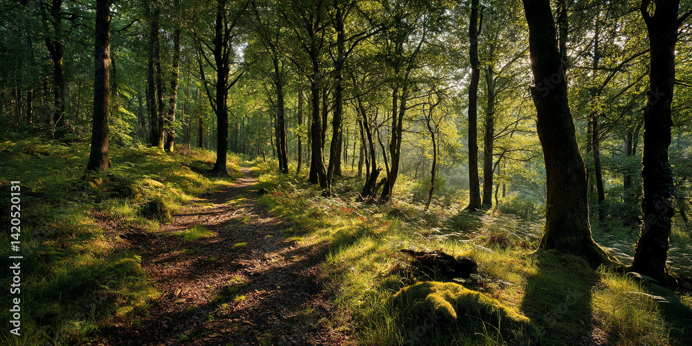 Naklejka premium Sunlit forest path, winding through lush green foliage and tall trees, casting dappled shadows, showcasing tranquility and natural beauty, ideal for nature or travel themes