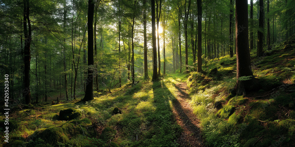 Obraz premium Sunlit path through a lush green forest, sunlight filtering through the trees, creating dappled shadows on the mossy ground, showcasing nature's tranquility