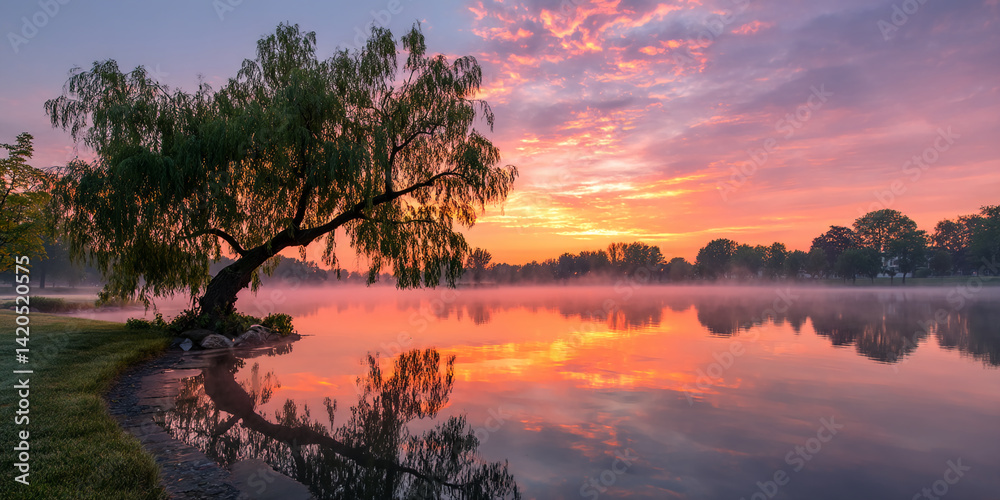 Sunrise over calm lake, weeping willow tree silhouetted, reflecting in tranquil water, soft orange and pink hues, peaceful and serene atmosphere Sunrise over calm lake, weeping willow tree silhouetted, reflecting in tranquil water, soft orange and pink hues, peaceful and serene atmosphere