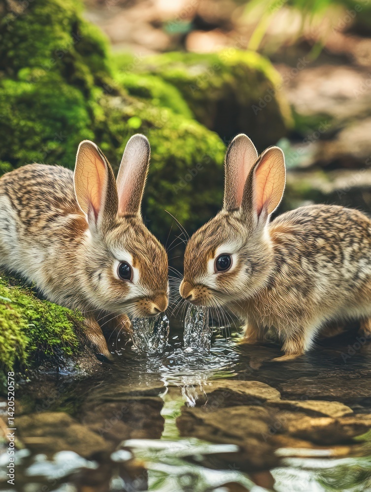 Fototapeta premium Two bunnies drinking from stream, mossy rocks background, wildlife nature scene, perfect for nature posters