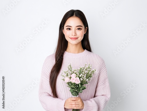 Woman holding flowers, smiling