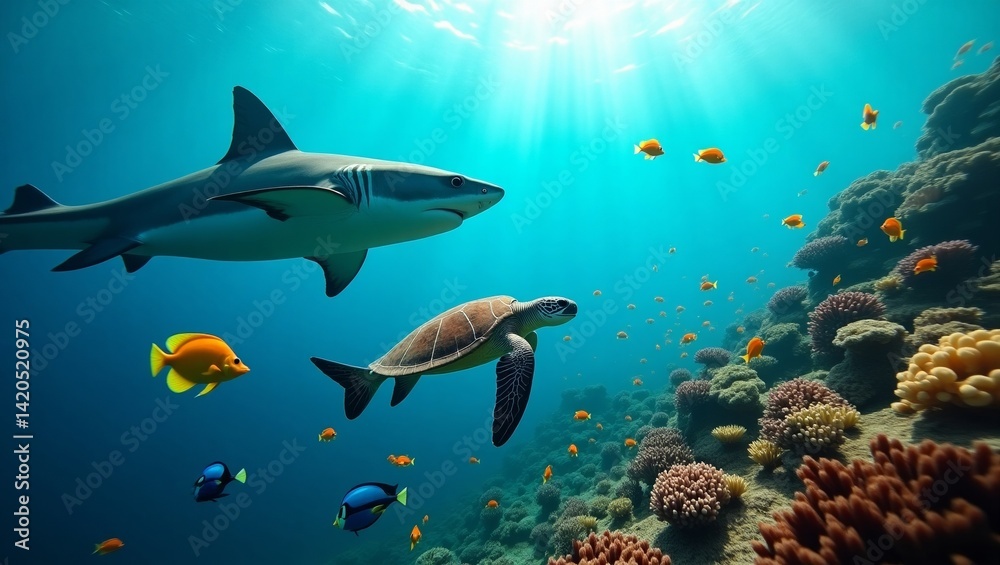 Fototapeta premium Stunning Underwater Coral Reef with Sharks and Turtles