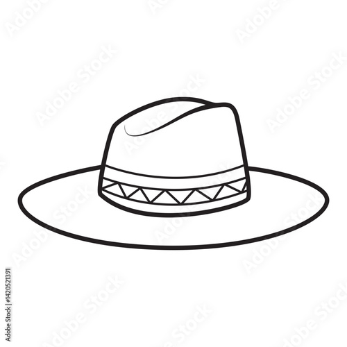 Handdrawn fedora or wide-brim hat with a patterned band, great for bohemian fashion or fall themes.