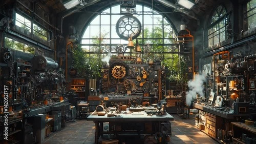 Grand steampunk workshop filled with intricate machinery, clocks, and greenery. Sunlight streams through large windows