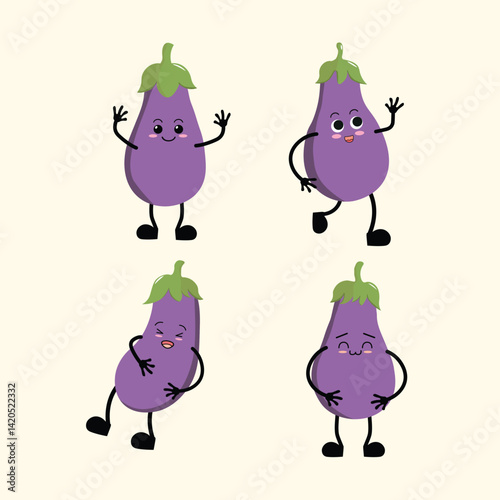 Fruit Cartoon Cute Eggplant with Different Emotions