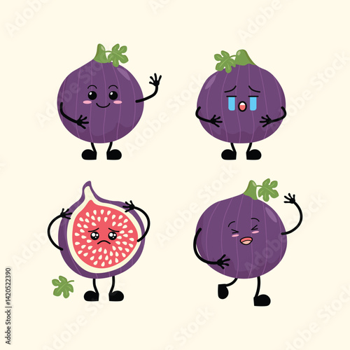 Fruit Cartoon Cute Fig with Different Emotions