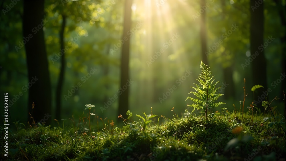 Obraz premium Lush forest scene with sunbeams illuminating small fern symbolizing growth in supportive environment