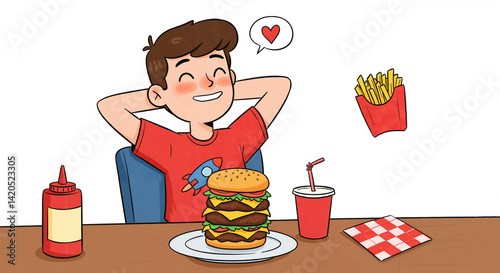 Happy boy enjoys a delicious burger and fries at a table  