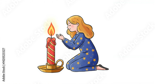 Girl in pajamas kneeling with hands raised by a lit candle  