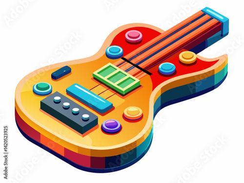 A high-quality vector illustration of a small plastic toy guitar with buttons and bright colors, isolated on a white background