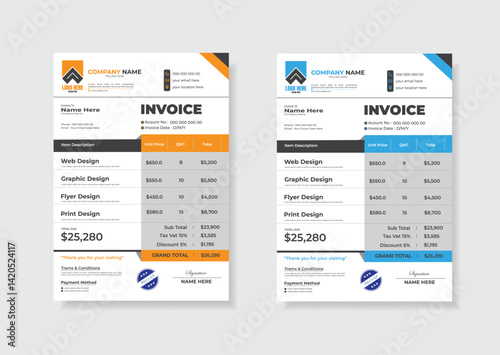 Invoice for business company , payment agreement for total. Invoice design layout or vector design and include discount, tax for template design.
