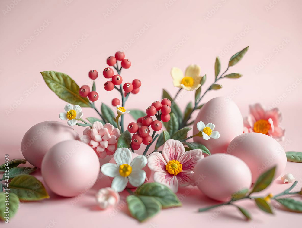 Easter eggs and flowers are arranged on a textured pink background. Easter eggs and flowers are arranged on a textured pink background.