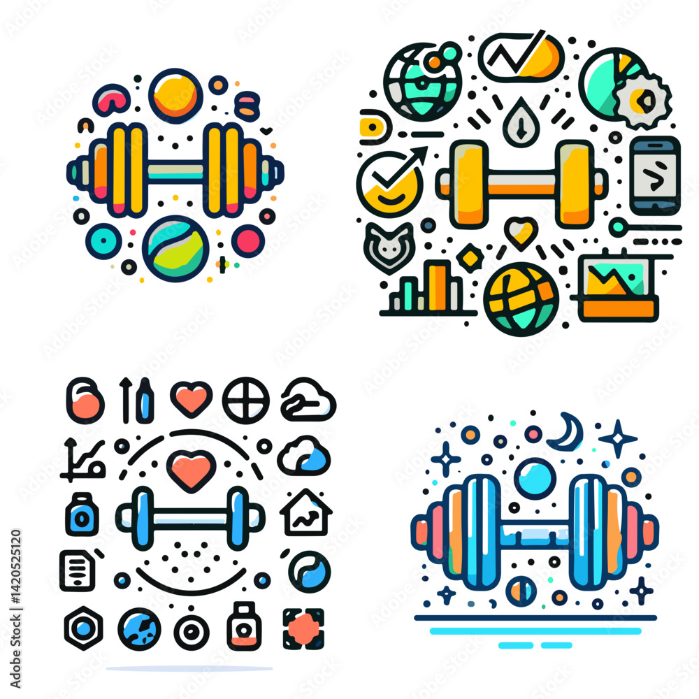 Fitness Icons with Weights and Healthy Lifestyle Elements Fitness Icons with Weights and Healthy Lifestyle Elements