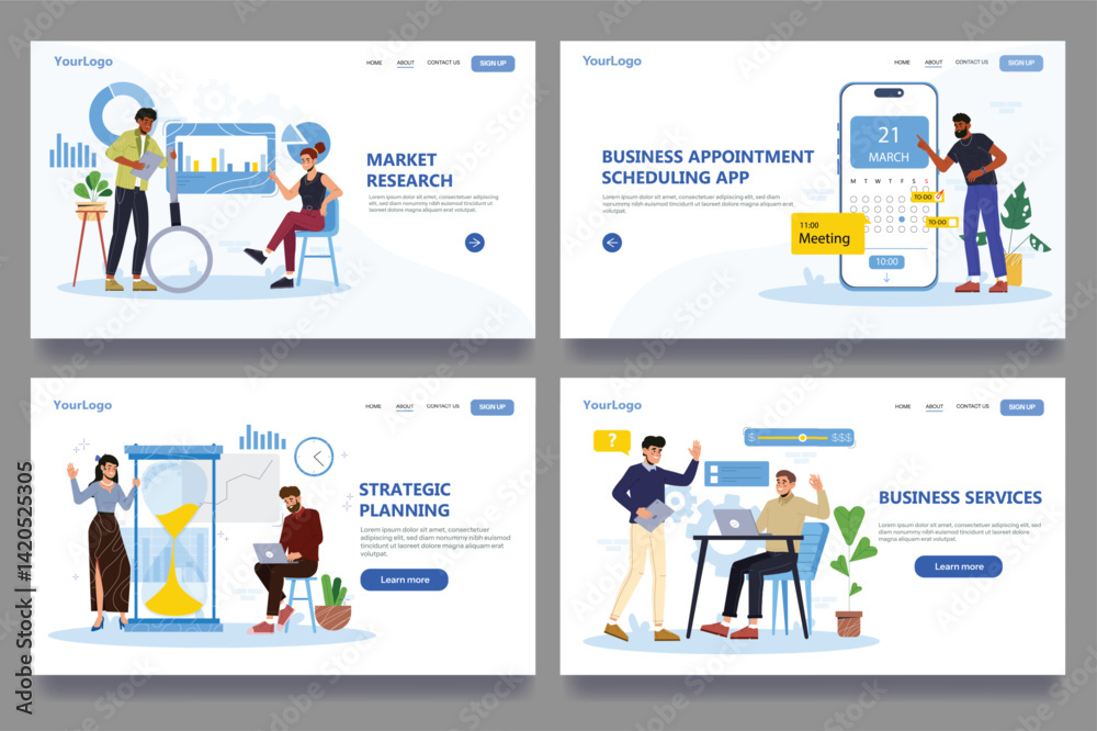 Set of business services website templates. Landing pages with office workers doing marketing research, strategic planning and scheduling meetings. Flat vector illustration isolated on background
