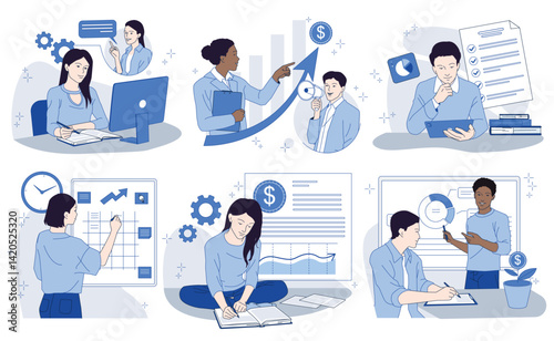 Business training. Male and female entrepreneurs at business coaching and mentoring. Data Analysis, Financial Planning and Success. Flat outline vector illustration collection isolated on background