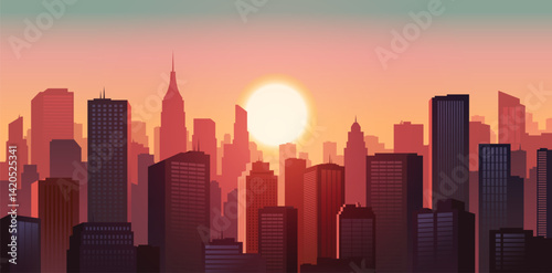 Sunset over city. Beautiful cityscape of metropolis with skyscrapers against pink sky with rising sun. Urban landscape or panorama with modern architecture. Cartoon Flat vector illustration
