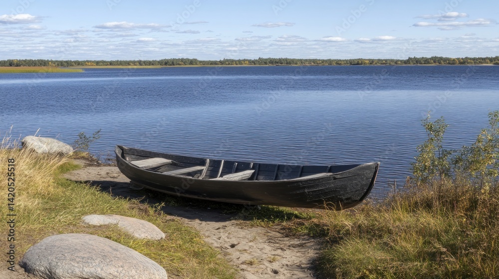 Naklejka premium Tranquil lake scene with traditional wooden boat.