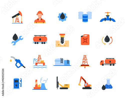 Oil production icon set. Colorful signs with oil, gas station, excavator, fuel barrel and gasoline storage tank. Design element for app. Flat vector illustration collection isolated on background