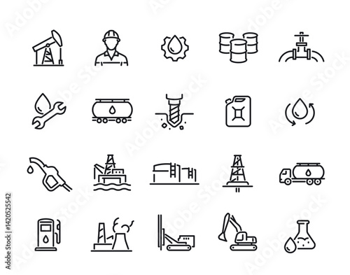 Oil production line icon set. Simple symbols with oil rig, drill, gasoline or fuel canister and tanker. Editable stroke. Outline vector illustration collection isolated on background