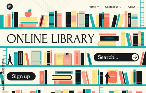 Online Library Website. Landing page template with little people walking on big bookshelves in library and looking for books or literature to read. Digital Bookstore. Flat vector illustration