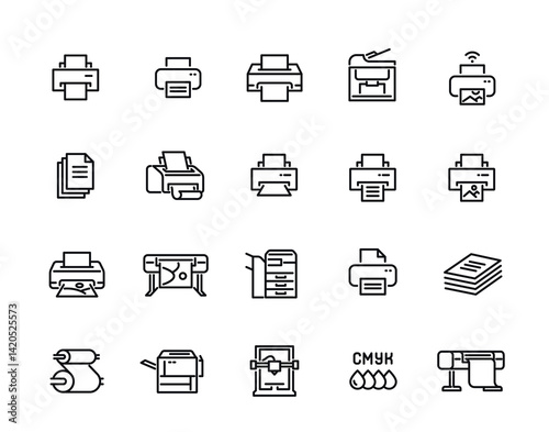 Printer line icon set. Simple symbols with scanner, document copying equipment, 3D printer and laser for engraving. Editable stroke. Outline vector illustration collection isolated on background