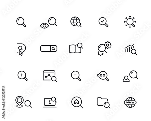Set of line icons related to Internet search. Simple symbols with magnifying glass, search bar, SEO and website. Editable stroke. Outline vector illustration collection isolated on background