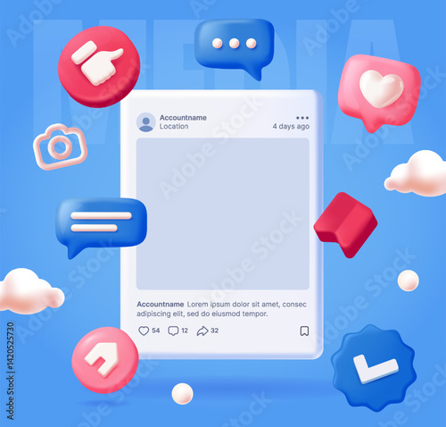 Social media post template. Marketing banner with mockup of online publication surrounded by likes, reactions and thumbs up. Advertising and promotion. 3D vector illustration in plasticine style