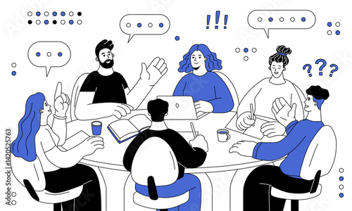 Society meeting. Group of smiling students or friends sitting at round table, communicating, discussing new creative ideas and working on project. Outline vector illustration on white background