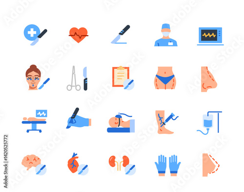 Surgery related icons set. Colorful signs with surgeon, scalpel, medical instruments, plastic surgeries, anesthesia and IV. Design for app. Flat vector illustration collection isolated on background