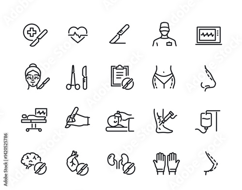 Surgery related line icons set. Simple symbols with scalpel, anesthesia, plastic surgery, doctor and IV. Medicine and health. Editable stroke. Outline vector illustration isolated on background
