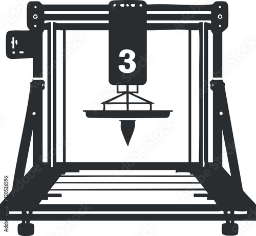 A simple illustration of a 3D printer with a design and printing mechanism.