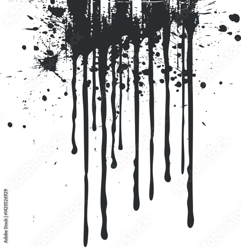 Abstract black ink splash design featuring drips and splatters on a white background.
