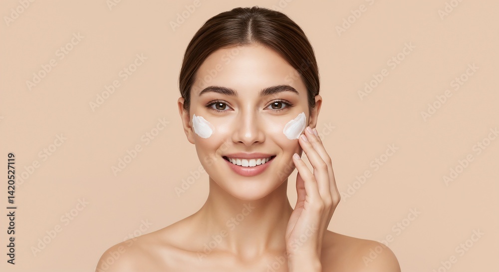 Portrait of a cheerful woman gently applying a skincare cream to her face, showcasing healthy skin and self-care routines, captured on a plain beige background, emphasizing beauty and wellness.
Portrait of a cheerful woman gently applying a skincare cream to her face, showcasing healthy skin and self-care routines, captured on a plain beige background, emphasizing beauty and wellness.