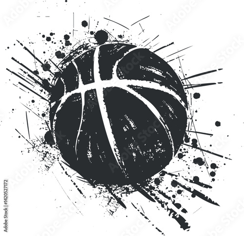 Stylized black and white illustration of a basketball with dynamic splashes and motion effects