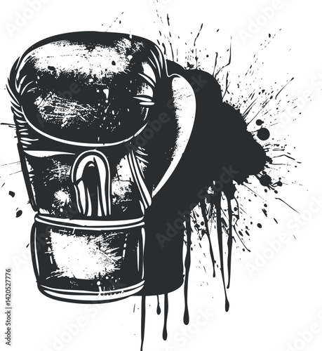 A stylized illustration of a boxing glove with a splash of ink for dynamic effect
