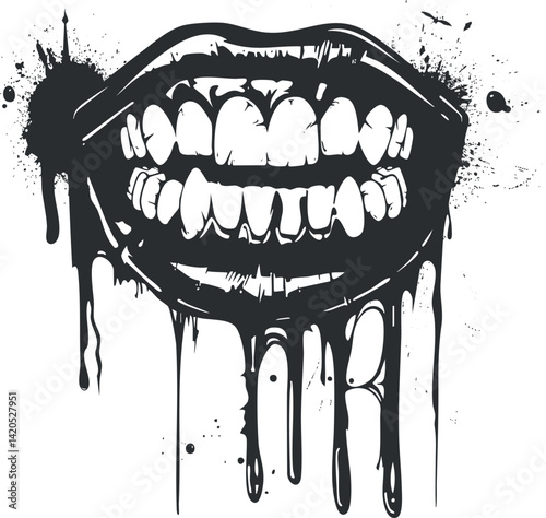 Stylized graphic illustration of a mouth with dripping ink and bold teeth design.