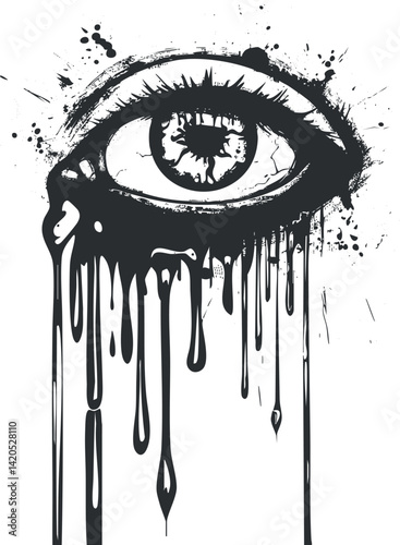 A striking black and white illustration of an eye with ink dripping down creatively.