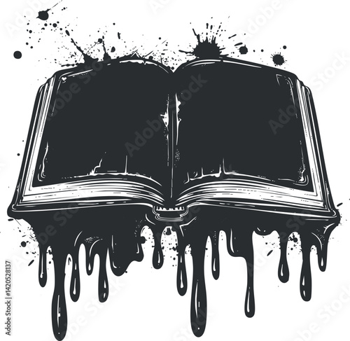 An artistic illustration of an open book with ink splashes and drips for creative designs.