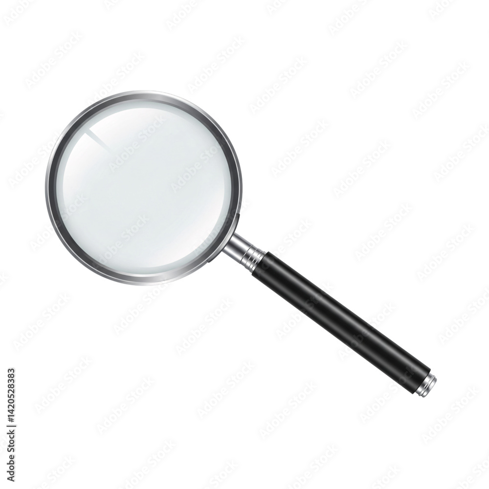 Magnifying glass with a black handle, symbolizing focus, inspection, and discovery, isolated on white background.
Magnifying glass with a black handle, symbolizing focus, inspection, and discovery, isolated on white background.