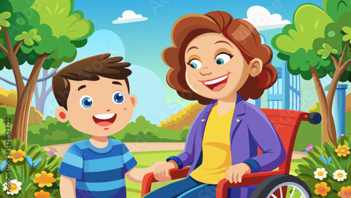 Happy boy with disability smiling with his mother in a wheelchair at the park - cerebral palsy concept