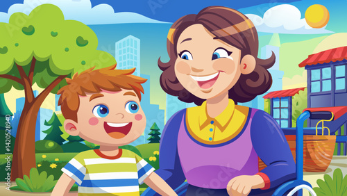 Happy boy with disability smiling with his mother in a wheelchair at the park - cerebral palsy concept