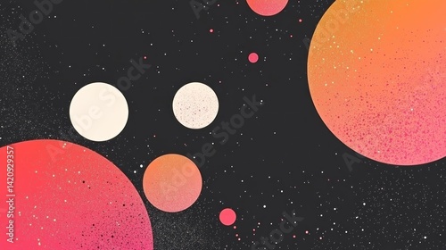Abstract space scene with vibrant circles and speckled textures.